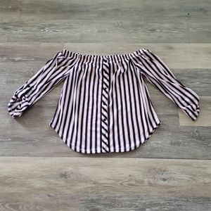 Black, White, Red Striped Cold Shoulder Top Small